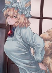 Rule 34 | 1girl, animal hat, blonde hair, blush, breasts, brooch, closed mouth, commentary request, dress, fox tail, hair between eyes, hat, highres, indoors, jewelry, large breasts, leaning forward, light particles, long sleeves, looking at viewer, looking to the side, mob cap, multiple tails, puffy long sleeves, puffy sleeves, short hair, sidelocks, smirk, solo, tail, toluda, touhou, white dress, yakumo ran, yellow eyes