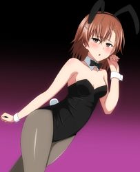 Rule 34 | 1girl, :o, animal ears, bare shoulders, black leotard, blush, bow, bowtie, breasts, brown eyes, brown hair, cleavage, detached collar, fake animal ears, gradient background, hair ornament, hairclip, leotard, looking at viewer, marupuni, misaka mikoto, open mouth, pantyhose, playboy bunny, purple background, rabbit ears, rabbit tail, short hair, tail, toaru majutsu no index, wrist cuffs