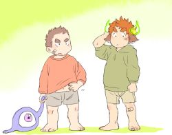 Rule 34 | 2boys, aged down, animal ears, bandaid, bandaid on cheek, bandaid on face, bandaid on leg, child, clothes lift, commentary request, cow boy, cow ears, cow horns, fiery horns, forked eyebrows, full body, green hoodie, hand on own head, highres, hood, hoodie, horns, male focus, multiple boys, pole2walker2, red shirt, scratching, shirt, shirt lift, short hair, spiked hair, tamamura gunzo, thick eyebrows, tokyo houkago summoners, wakan tanka