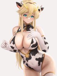 Rule 34 | 1girl, ahoge, animal ears, animal print, artoria pendragon (fate), artoria pendragon (lancer) (fate), bare shoulders, black gloves, black leotard, blonde hair, blush, breasts, cleavage, closed mouth, commentary request, covered navel, cow ears, cow girl, cow horns, cow print, elbow gloves, fake animal ears, fake horns, fate/grand order, fate (series), gloves, gluteal fold, groin, hair between eyes, hands up, heattech leotard, highres, horns, huge breasts, leaning forward, leotard, long hair, looking at viewer, sidelocks, smile, solo, thighhighs, turtleneck, white gloves, white leotard, yamaneko (tkdrumsco)