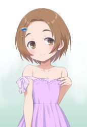 Rule 34 | bare shoulders, blush, brown eyes, brown hair, child, collarbone, commentary request, dress, eyebrows, flat chest, forehead, gem, gradient background, hair ornament, hairclip, hand on own chest, highres, idolmaster, idolmaster cinderella girls, looking at viewer, purple dress, ryuzaki kaoru, short hair, simple background, smile, solo, strapless, strapless dress, thick eyebrows, upper body, yama tatsuo