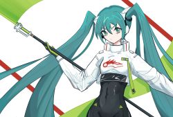 Rule 34 | 1girl, absurdres, aqua eyes, aqua hair, black bodysuit, bodystocking, bodysuit, bodysuit under clothes, covered navel, crop top, cropped jacket, female focus, flag, furrowed brow, goodsmile racing, hatsune miku, highres, holding, holding flag, jacket, long hair, long sleeves, racing miku, racing miku (2022), solo, strap, twintails, very long hair, vocaloid, white jacket