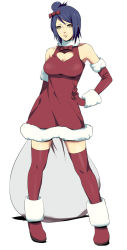 Rule 34 | 1girl, bag, bare shoulders, blue hair, boots, bow, breasts, christmas, cleavage, cleavage cutout, clothing cutout, dress, elbow gloves, gloves, hair bow, hand on own hip, heart, heart cutout, hip focus, konan (naruto), labret piercing, large breasts, looking at viewer, naruto (series), naruto shippuuden, noro (king), red gloves, red thighhighs, santa costume, short dress, solo, standing, thighhighs, yellow eyes