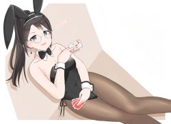 Rule 34 | 1girl, animal ears, aru (aru-dokuo), black bow, black bowtie, black hair, black leotard, blue eyes, bow, bowtie, brown pantyhose, card, detached collar, fake animal ears, feet out of frame, glasses, highres, idolmaster, idolmaster shiny colors, leotard, looking at viewer, lying, mitsumine yuika, pantyhose, playboy bunny, playing card, ponytail, rabbit ears, solo, strapless, strapless leotard, wrist cuffs