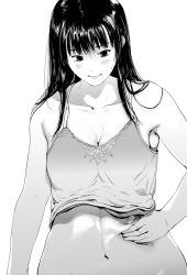 Rule 34 | 1girl, blush, breasts, cleavage, female focus, greyscale, highres, kurofudo, lips, medium breasts, monochrome, navel, original, simple background, solo, weight conscious, white background