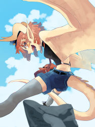 Rule 34 | 1girl, dragon, fangs, female focus, flying, hat, highres, horns, monster girl, open mouth, original, pointy ears, profile, short shorts, shorts, solo, tail, thighhighs, wings, wyvern, yamanobe