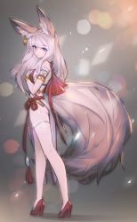 Rule 34 | 1girl, animal ear fluff, animal ears, ass, bad id, bad pixiv id, blade &amp; soul, blue eyes, breasts, brown hair, dress, earrings, from behind, full body, hand on own chest, high heels, jewelry, kneepits, large tail, legs, long hair, long tail, looking back, lyn (blade &amp; soul), pelvic curtain, shoes, sideboob, solo, tail, thighhighs, white thighhighs, wolf ears, wolf tail