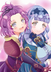 Rule 34 | 2girls, :d, bernadetta von varley, blue dress, blue hair, blush, brooch, cut bangs, dress, fire emblem, fire emblem: three houses, fire emblem warriors: three hopes, gloves, hair tie, hairband, hug, hug from behind, jewelry, lace-trimmed hairband, lace trim, leather, leather gloves, lips, looking at viewer, marianne von edmund, multiple girls, nintendo, open mouth, purple dress, purple eyes, purple hair, red eyes, rein rise, smile, topknot