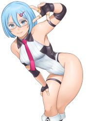 Rule 34 | 1girl, armpits, artist request, bare shoulders, blue eyes, blue hair, blush, breasts, dead or alive, dead or alive 6, elbow pads, fingerless gloves, glasses, gloves, hair ornament, hairclip, highres, jewelry, leaning, leaning forward, leotard, looking at viewer, medium breasts, necktie, nico (doa), ring, shiny clothes, shiny skin, short hair, simple background, smile, solo, thigh strap