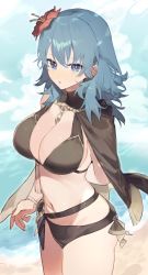 Rule 34 | 1girl, absurdres, bikini, blue eyes, blue hair, blush, breasts, byleth (female) (fire emblem), byleth (female) (summer) (fire emblem), byleth (fire emblem), closed mouth, dagger, fire emblem, fire emblem: three houses, fire emblem heroes, flower, hair ornament, highres, knife, large breasts, long hair, looking at viewer, medium hair, meunhongcha, navel, nintendo, official alternate costume, short hair, simple background, solo, swimsuit, weapon, white background