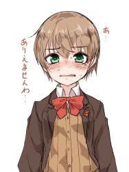 Rule 34 | 1girl, alternate hair length, alternate hairstyle, blazer, brown hair, brown jacket, cardigan, commentary request, crying, crying with eyes open, green eyes, highres, hourai kochou, jacket, kantai collection, kumano (kancolle), looking at viewer, orange neckwear, school uniform, short hair, simple background, solo, tears, translation request, white background
