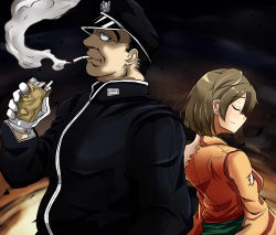 Rule 34 | 10s, 1boy, 1girl, back-to-back, brown hair, cigarette, cigarette pack, drifters, closed eyes, gloves, hat, highres, hiryuu (kancolle), japanese clothes, kantai collection, looking up, military, military hat, military uniform, naval uniform, peaked cap, rakku (10219563), short hair, smoking, torn clothes, uniform, white gloves, yamaguchi tamon