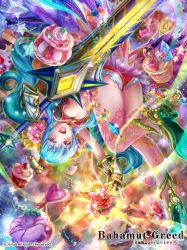 Rule 34 | 1girl, bahamut greed, blue hair, crotalaria, long hair, official art, red eyes, solo, sword, thighhighs, upside-down, weapon