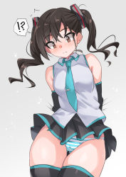 Rule 34 | !?, 1girl, :&lt;, arms behind back, bare shoulders, blush, brown eyes, brown hair, cameltoe, closed mouth, collared shirt, commentary, cosplay, detached sleeves, gluteal fold, grey background, hair between eyes, hatsune miku, hatsune miku (cosplay), highres, idolmaster, idolmaster cinderella girls, looking down, miniskirt, motion lines, panties, shirt, simple background, skindentation, skirt, sleeveless, solo, speech bubble, striped clothes, striped panties, sunazuka akira, sweat, thick thighs, thighhighs, thighs, tie clip, twintails, underwear, vocaloid, yuuichi (reductionblack)