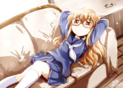 Rule 34 | 10s, 1girl, arms behind head, brown-framed eyewear, brown eyes, brown hair, couch, crescent, glasses, kantai collection, long hair, looking at viewer, mochizuki (kancolle), neckerchief, personification, school uniform, serafuku, skirt, solo, takana shinno