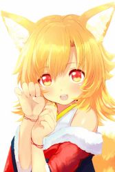 Rule 34 | 1girl, animal ears, bare shoulders, blonde hair, blush, fox ears, fox tail, futaba akane, heart, japanese clothes, long hair, looking at viewer, nanashin naomi, open mouth, original, paw pose, red eyes, smile, solo, tail