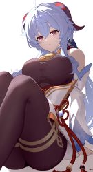Rule 34 | 1girl, absurdres, bare shoulders, blue hair, bodystocking, breasts, commentary, detached sleeves, ganyu (genshin impact), genshin impact, goat horns, hair between eyes, highres, horns, iwashi 111, large breasts, light blue hair, long hair, long sleeves, looking at viewer, parted lips, purple eyes, simple background, sitting, solo, white background