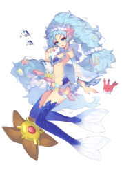 Rule 34 | 1girl, absurdres, blue eyes, blue hair, breasts, corsola, creatures (company), fins, game freak, gen 1 pokemon, gen 2 pokemon, gen 7 pokemon, highres, long hair, monster girl, nintendo, open mouth, personification, pokemon, pokemon (creature), primarina, seashell, shell, simple background, small breasts, starfish, staryu, very long hair, white background, wishiwashi, zhu fun