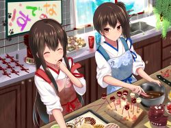 Rule 34 | 10s, 2girls, adapted object, akagi (kancolle), amagami (makise tsubaki), apron, bad id, bad pixiv id, brown eyes, brown hair, chocolate, chocolate making, cup, doughnut, drinking glass, eating, enemy aircraft (kancolle), closed eyes, food, highres, japanese clothes, kaga (kancolle), kantai collection, kitchen, long hair, looking at another, mixing bowl, multiple girls, nanodesu (phrase), rensouhou-chan, rensouhou-kun, side ponytail, smile, valentine