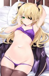 Rule 34 | 1girl, arm up, bed, bed sheet, black pantyhose, blonde hair, bra, breasts, clothes pull, eyepatch, fischl (genshin impact), genshin impact, green eyes, groin, hair ribbon, half-closed eye, highres, looking at viewer, lying, navel, on back, on bed, panties, pantyhose, pantyhose pull, pillow, purple bra, purple panties, ribbon, shengtian, small breasts, solo, twintails, underboob, underwear