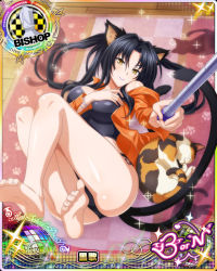 Rule 34 | 1girl, animal, animal ears, ass, barefoot, bishop (chess), black hair, black panties, bracelet, breasts, card (medium), cat, cat ears, cat tail, character name, chess piece, cleavage, closed mouth, crop top, feet, hair rings, hairband, hand on own chest, high school dxd, high school dxd born, jacket, jewelry, kuroka (high school dxd), large breasts, lipstick, long hair, lying, makeup, midriff, multiple tails, official art, on back, panties, paw pose, purple lips, selfie, slit pupils, smile, soles, solo, tail, toes, trading card, underwear, yellow eyes