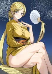 Rule 34 | 1girl, alternate hairstyle, ashiomi masato, bare legs, blonde hair, blue eyes, blush, breasts, closed mouth, crossed legs, fireworks, guilty gear, guilty gear strive, hand fan, highres, holding, holding fan, japanese clothes, kimono, large breasts, long hair, looking at viewer, millia rage, night, night sky, ponytail, sash, sitting, sky, smile, thick thighs, thighs, twitter username, very long hair, yellow kimono
