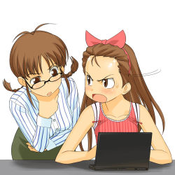 Rule 34 | 00s, 2girls, a1 (initial-g), akizuki ritsuko, annoyed, blush, braid, brown eyes, brown hair, camisole, collarbone, computer, crossed arms, forehead, glasses, hairband, hand on own chin, idolmaster, idolmaster (classic), idolmaster 1, laptop, leaning forward, long hair, looking at another, minase iori, multiple girls, sitting, striped, stroking own chin, sweatdrop, twin braids, vertical stripes