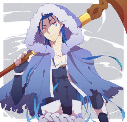 Rule 34 | 1boy, belt, blue hair, bracelet, capelet, closed mouth, cu chulainn (fate), cu chulainn (caster) (fate), earrings, fate/grand order, fate (series), floating hair, fur-trimmed hood, fur trim, holding, holding staff, hood, hood up, hooded capelet, jewelry, kokiya, cu chulainn (fate/stay night), long hair, looking at viewer, male focus, muscular, skin tight, slit pupils, smile, solo, staff, type-moon, wooden staff
