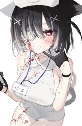 Rule 34 | 1girl, :3, absurdres, animal ears, bandages, bare shoulders, black gloves, black hair, blood, blood on clothes, blood on face, blush, breasts, cat ears, cat girl, cat tail, closed mouth, commentary, cowboy shot, dress, eyepatch, fang, from above, garter straps, gloves, hair ornament, half gloves, hat, heart, heart-shaped pupils, highres, holding, id card, indie virtual youtuber, large breasts, looking at viewer, medium breasts, multicolored hair, nukota natsuna, nurse, nurse cap, red eyes, short hair, simple background, skin fang, sleeveless, smile, solo, symbol-shaped pupils, tail, tamafurin, white background, white dress, x hair ornament