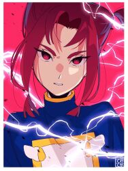 Rule 34 | 1girl, aoi tete, artist name, bad id, bad twitter id, beryberie, blue coat, coat, electricity, frown, glaring, hair tie, high collar, highres, hirogaru sky! precure, looking at viewer, parted bangs, parted lips, precure, red background, red eyes, red hair, short hair, sidelocks, signature, solo, two side up, uniform, upper body