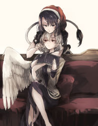 Rule 34 | 2girls, book, couch, crossed legs, doremy sweet, dress, feathered wings, hat, hisona (suaritesumi), jacket, kishin sagume, long sleeves, multiple girls, nightcap, open clothes, open jacket, pillow, pom pom (clothes), purple dress, purple eyes, purple hair, red eyes, short hair, short sleeves, silver hair, single wing, sitting, tail, tapir tail, touhou, white wings, wings, yuri