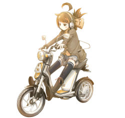 Rule 34 | 1girl, ahoge, blush, boots, brown cardigan, cardigan, full body, motor vehicle, nabana, noped, original, outstretched legs, scooter, shorts, simple background, solo, thighhighs, vehicle, white background, zettai ryouiki