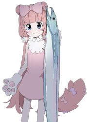 Rule 34 | 1girl, :3, absurdres, animal, animal ears, animal hands, blue eyes, blunt bangs, blush, bow, chromu, collared dress, commentary, dress, eel, fish, gloves, hair bow, highres, holding, holding animal, holding fish, indie virtual youtuber, long hair, looking at viewer, low twintails, paw gloves, pink hair, sleeveless, sleeveless dress, solo, sweat, tail, tail bow, tail ornament, twintails, very long hair, virtual youtuber, vreparty