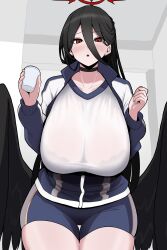 Rule 34 | 1girl, absurdres, bird wings, black bra, black hair, blue archive, blush, bra, breasts, choker, cleavage, cup, gym uniform, halo, hasumi (blue archive), hasumi (track) (blue archive), highres, holding, holding cup, iroshira skb, jacket, large breasts, looking at viewer, official alternate costume, open clothes, open jacket, ponytail, red eyes, see-through, see-through shirt, short shorts, shorts, underwear, wings