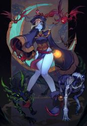 Rule 34 | 1girl, bare legs, black footwear, black hat, blue skin, check copyright, colored skin, copyright request, crescent, dog, glowing, hand up, hat, highres, horns, jiangshi, lantern, monster, morry, ofuda, ofuda hat, ofuda on head, on crescent, original, parted lips, pelvic curtain, qingdai guanmao, skeleton, solo, talisman, very long sleeves, wide sleeves, wings, yellow eyes