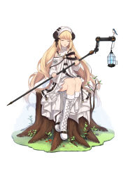 Rule 34 | 1girl, absurdres, arknights, bare shoulders, bird, blonde hair, bluebird, boots, cat-quest-sun, closed eyes, cross-laced footwear, facing viewer, full body, grass, hat, highres, holding, holding staff, horns, knee boots, lantern, long hair, music, nightingale (arknights), open mouth, outdoors, ribbed sweater, simple background, singing, sitting, solo, staff, sweater, tree stump, triangle ring, turtleneck, turtleneck sweater, very long hair, white background, white footwear, white hat, white sweater