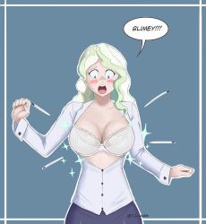 Rule 34 | 10s, 1girl, artist name, blue eyes, bra, breasts, cleavage, constricted pupils, diana cavendish, embarrassed, english text, female focus, green hair, large breasts, little witch academia, looking down, multicolored hair, open clothes, open mouth, open shirt, solo, speech bubble, standing, thotticus-slayer, two-tone hair, underwear, wardrobe malfunction, white hair, wide-eyed