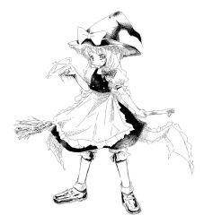 Rule 34 | 1girl, arm behind back, broom, female focus, greyscale, hat, kirisame marisa, magic circle, monochrome, solo, touhou, witch, witch hat