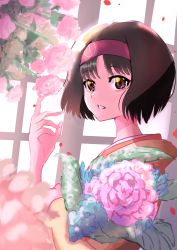 Rule 34 | absurdres, backlighting, black hair, bouquet, commentary request, creatures (company), erika (pokemon), falling petals, flower, from side, game freak, hairband, highres, holding, holding bouquet, indoors, japanese clothes, kimono, looking at viewer, nintendo, noppe, parted bangs, petals, pokemon, pokemon frlg, short hair, window, yellow eyes