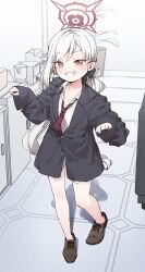 Rule 34 | 1girl, absurdres, black jacket, blue archive, blush, brown eyes, brown footwear, collarbone, collared shirt, commentary request, grin, halo, highres, jacket, long hair, long sleeves, looking at viewer, mutsuki (blue archive), mutsuki (suit) (blue archive), necktie, no pants, oversized clothes, purple necktie, shirt, shoes, sleeves past wrists, smile, solo, very long hair, white hair, white shirt, yukie (kusaka shi)