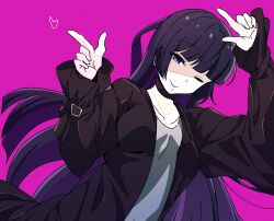 Rule 34 | 1girl, arms up, blunt bangs, bocchi the rock!, chin piercing, choker, coat, goth fashion, goumonsha, highres, hime cut, jacket, jewelry, long hair, necklace, one eye closed, open clothes, open coat, pa-san, pink background, pointing, pointing up, purple eyes, purple hair, simple background, smile, solo, trench coat, very long hair
