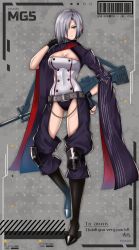 Rule 34 | 1girl, absurdres, annno ans, ass, ass cutout, barcode, belt, belt buckle, boots, breasts, buckle, chaps, character name, cleavage, cleavage cutout, clothing cutout, commentary request, commission, covered navel, crotch cutout, fingerless gloves, full body, general-purpose machine gun, girls&#039; frontline, gloves, gluteal fold, green eyes, grey hair, gun, h&amp;k mg5, hair between eyes, hair over one eye, hand on own hip, highres, knee pads, large breasts, leotard, looking at viewer, machine gun, mg5 (girls&#039; frontline), nail polish, red nails, revealing clothes, short hair, simple background, skeb commission, solo, thank you, thighs, very long sleeves, weapon, wide sleeves