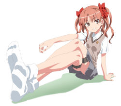 Rule 34 | 1girl, ankle socks, arm support, blazer, bobby socks, bow, brown eyes, crossed legs, elbow on knee, feet, foreshortening, full body, grin, hair bow, head tilt, holster, jacket, kurai nao, legs, looking to the side, miniskirt, no shoes, outstretched arm, red bow, red hair, school emblem, school uniform, shadow, shirai kuroko, simple background, sitting, skirt, smile, socks, soles, solo, thigh holster, thighs, toaru kagaku no railgun, toaru majutsu no index, toes, twintails, white background, white socks