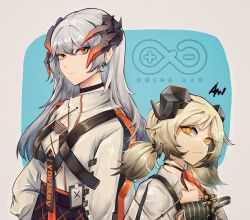 Rule 34 | 2girls, a wan, absurdres, arknights, black skirt, blue background, brown hair, closed mouth, commentary request, earrings, grey background, grey hair, hair between eyes, highres, horns, ifrit (arknights), jacket, jewelry, long hair, looking at viewer, low twintails, multiple girls, orange eyes, parted bangs, red eyes, saria (arknights), skirt, stud earrings, twintails, two-tone background, white jacket