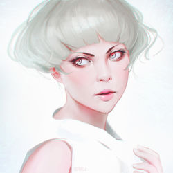 Rule 34 | 1girl, bare shoulders, expressionless, green eyes, guweiz, hand on own chest, looking to the side, multicolored eyes, original, parted lips, pink lips, red eyes, shirt, short hair, simple background, sleeveless, sleeveless shirt, solo, upper body, white background, white hair, white shirt, white theme