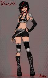 Rule 34 | 1girl, absurdres, armor, asymmetrical gloves, belt, black choker, black eyes, black footwear, black hair, black lips, black nails, boots, breasts, chest belt, choker, colored sclera, commission, contrapposto, cross-laced footwear, fingerless gloves, fingernails, full body, gloves, goth fashion, grin, hand on own hip, highres, indie virtual youtuber, jewelry, knee pads, lipstick, looking at viewer, makeup, matilda fiship, mismatched gloves, multicolored hair, multiple belts, nail polish, navel, necklace, pauldrons, ponytail, red hair, red sclera, revina (vtuber), sharp teeth, shoulder armor, small breasts, smile, solo, standing, teeth, two-tone hair, virtual youtuber