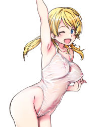 Rule 34 | 1girl, ;d, arm up, armpits, blonde hair, blue eyes, breasts, covered navel, cowboy shot, earrings, covered erect nipples, hachimiya meguru, hair ornament, hairclip, highleg, highleg leotard, highres, idolmaster, idolmaster shiny colors, jewelry, large breasts, leaning forward, leotard, long hair, low twintails, navel, nipples, one eye closed, open mouth, see-through, see-through leotard, shiwasu no okina, simple background, smile, solo, twintails, white background