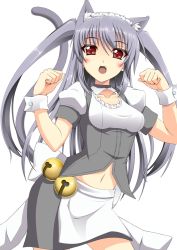 Rule 34 | 1girl, :d, animal ears, bell, blush, breasts, cat ears, cat tail, collarbone, fang, grey hair, jingle bell, long hair, maid, maid headdress, moeki yuuta, navel, open mouth, original, paw pose, red eyes, simple background, smile, solo, tail, twintails, wrist cuffs, yujin-yujin