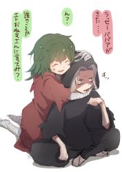 Rule 34 | 10s, 1boy, 1girl, ^ ^, artist request, bandages, chibi, chin rest, closed eyes, eto (tokyo ghoul), green hair, hands on another&#039;s head, head on head, hood, kneeling, long hair, open mouth, silver hair, simple background, sitting, smile, spoilers, takizawa seidou, tokyo ghoul, tokyo ghoul:re, translation request, white background