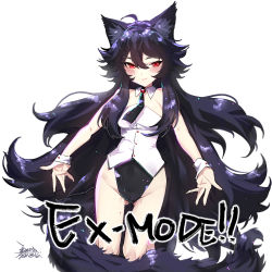 Rule 34 | !, !!, 1girl, ahoge, animal ears, bare shoulders, black hair, black neckwear, blush, breasts, commentary request, dated, ejami, ekko (ejami), fox ears, fox girl, fox tail, hair between eyes, long hair, looking at viewer, original, red eyes, shirt, signature, simple background, smile, solo, tail, white background, wrist cuffs